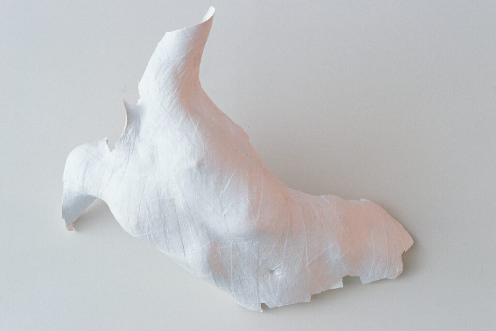Plaster sculpture of female body hanging on the wall